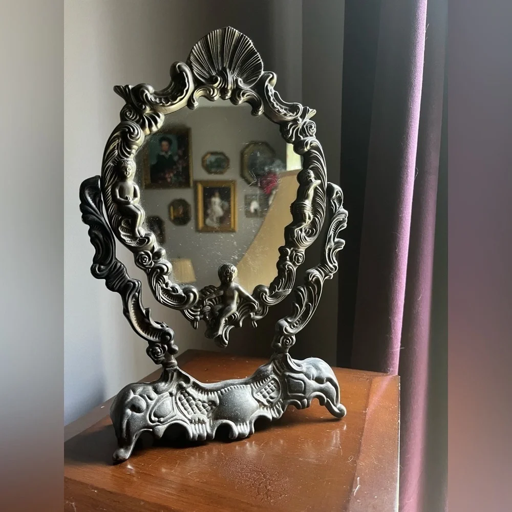 Vintage Ornate silver plated cherubs Tabletop Mirror